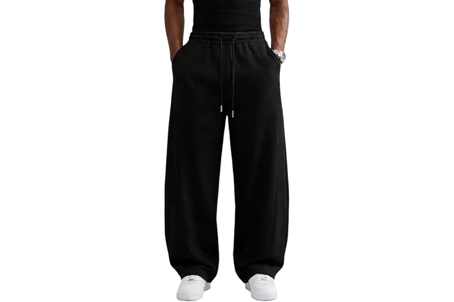 Wangdo Men's Baggy Sweatpants Wide Leg Lounge Cotton Casual Jogging Pants | High waist drawstring,2 Deep pockets,Open bottom,