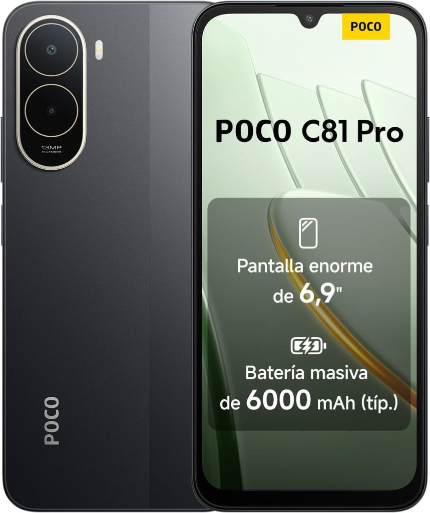 XIAOMI POCO C81 Pro Smartphone 4+256 GB Negro Batería de 6000 mAh | Pantalla inmersiva de 6,9", Teléfono con diseño elegante y refinado, Cámara dual AI de 13 MP, 1 año de garantía adicional