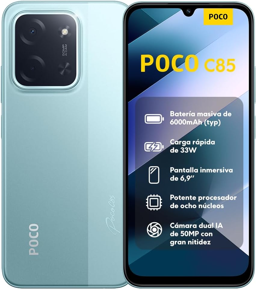 XIAOMI POCO C85 Smartphone de 6+128GB Verde Batería de 6000 mAh | Cámara Dual de 50MP con AI, Pantalla inmersiva de 6,9”, Potente procesador Octa-Core, Carga rápida de 33W