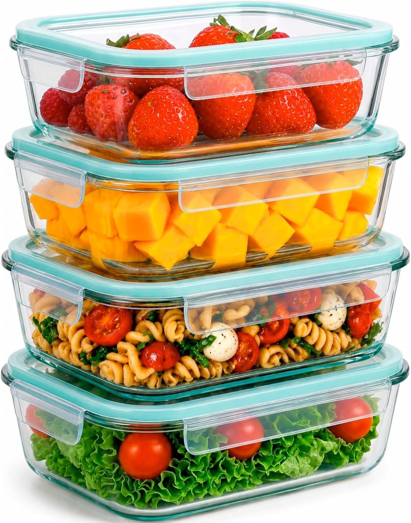 edihome, Boîte Alimentaire Hermétique en Verre, 8, 14 ou 18 pièces, pour aliments hermétiques, Résistant au lave-vaisselle, Rangement Cuisine, sans BPA, certifié FDA (4 récipients)