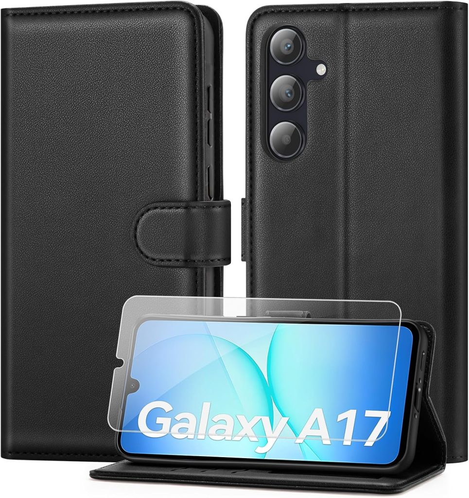 ivencase Coque pour Samsung Galaxy A17 avec Verre Trempé, Noir | étui Cuir PU Magnétique, Pochette de Portefeuille, Fonction Stand Video, Porte Carte Credit, Rabat Housse Samsung A17 5G/4G