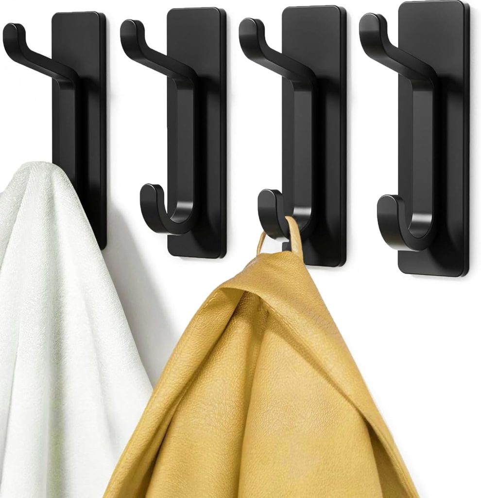 pickpiff Ganchos Adhesivos para Pared, Resistentes 6kg, Sin Taladrar, Impermeable, Colgadores para Baño Cocina Abrigos, Perchas Adhesivas de Acero Inoxidable, Negro, 4 Piezas