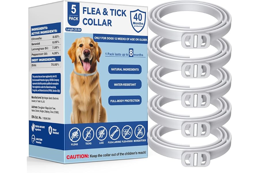 tenerolike Flea and Tick Collar for Dogs, 5 Packs Flea Collar for Dogs with Natural Essential Oils, Waterproof & Adjustable F