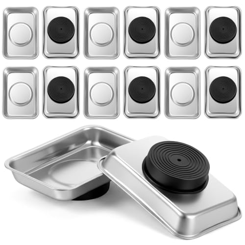 12 Pcs Magnetic Tray, Silver Magnetic Parts Tray, 2.5x3.7 In Stainless Stee | Round Magnetic Shallow Tray for Screws Nuts Bolts Sockets, Attaches to Vertical & Upside-Down Metal Surfaces, Garage Tool Org