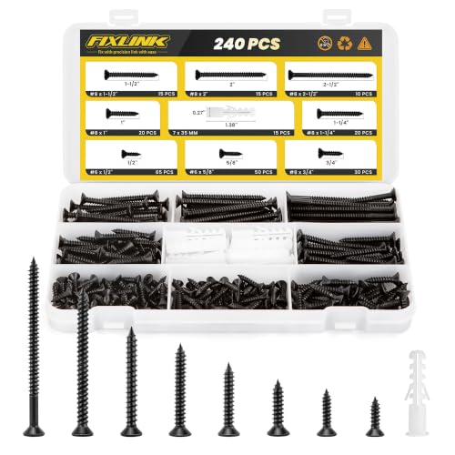 240PCS Wood Screws Assortment Kit, FIXLINK E-Coated Flat Head Screws Set