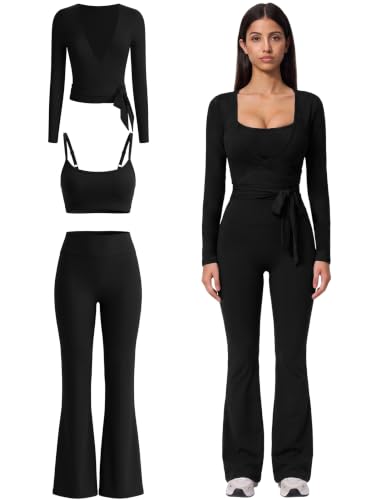 ABOCIW 3 Piece Workout Sets for Women Yoga Pilates Outfits Black X-Small | Long Sleeve Pilates Ballet Tie Wrap Top, Adjustable Strap Sports Bra,Wide Leg Leggings Womens Gym Mathing Set Activewear
