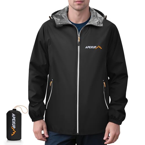 APEXUP Packable Rain Jacket Men Waterproof Lightweight Raincoat with Hood | 5000-8000mm Waterproof, Multiple Secure Pockets, Lightweight, Adjustable Hood & Hem, Reflective Details, Outdoor Sports Use