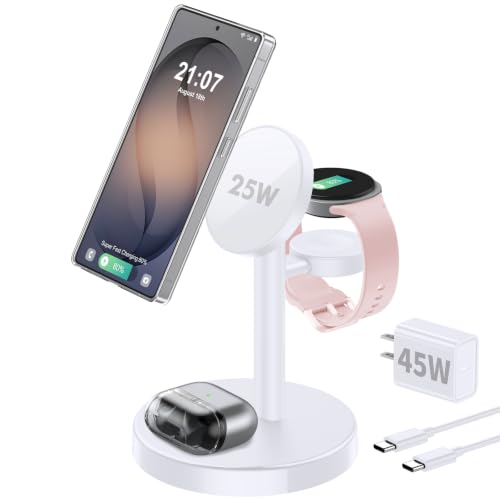 Aeinidi 25W Super Fast Strong Magnetic Wireless Charger for Samsung | Not for Watch 9/Ultra 2, 3 in 1 Charging Station for Galaxy S26 Ultra Z Fold/Flip 8 Watch Ultra 8 Buds, 45W Adapter Included
