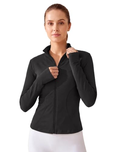 Allegra K Women's Slim Fit Workout Athletic Jacket Long Sleeve | Full Zip Cropped Track Jacket with Thumb Holes for Running Yoga Sports XX-Large Black