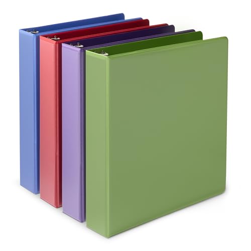 Amazon Basics 3 Ring 1.5 inch Binders with Round Metal Rings, Holds 275 Sheets, Assorted Colors, 4-Pack