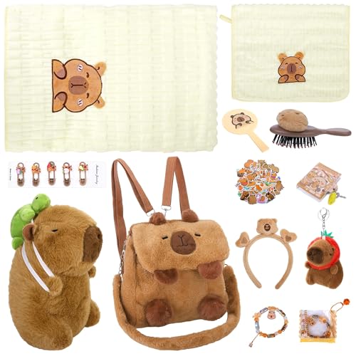 Aodaer 75 Pcs Capybara Plush Toy Set with Stuffed Capybara Plush Toy Keychain Backpack Towels Comb Headband DIY Sticker Bracelets Notebook Hair Clips Mirror Stickers for Birthday Gifts Party Favor