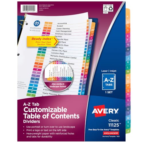 Avery A-Z Table of Contents Dividers, 26-Tab, Multicolor, 1 Set