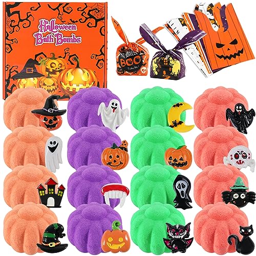 Bath Bombs for Kids- 16pcs Halloween Kids Bath Bombs with Toys Inside Halloween Party Favors Goodie Bag Fillers Bubble Bath with Spooky Pumpkin Bath Bombs