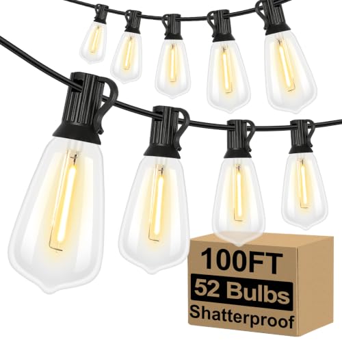 Brightever 100FT Outdoor String Lights 52 Bulbs, Waterproof Patio Lights | 2 Spare ST38 Edison Bulbs Dimmable, Connectable Plug-in LED Outdoor Lighting for Porch, Garden, Backyard, Balcony, 2700K