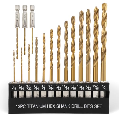 COMOWARE Titanium Twist Drill Bit Set 16 Pcs, 1/16"-1/4", Hex Shank HSS