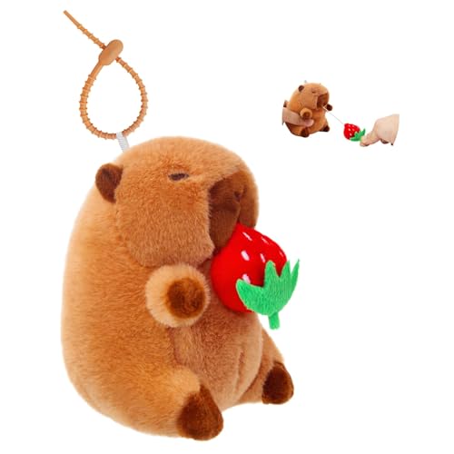 Cute Strawberry Capybara Plush Toy with Pull-Rope Mini Keychain Stuff Animal Toys for, Desk, Back to School Capybara Gifts, Backpack Charm, Birthday Party Favor Fidget Toys for Kids Aduts (Style C)