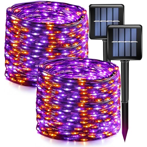 Dazzle Bright 2 Pack Purple and Orange Halloween Fairy String Lights, Total 80FT 240LED Solar Powered Fairy Lights with 8 Modes, Waterproof Copper Black Wire Lights for Outdoor Yard Party Decorations