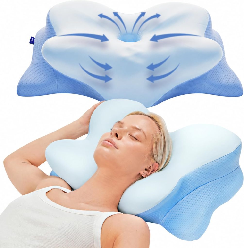Derila Ergo Oreiller Cervical Mémoire de Forme Papillon Rafraîchissant | Convient dormeurs côté, dos, ventre, Housse amovible lavable en machine, 54x36x12 cm
