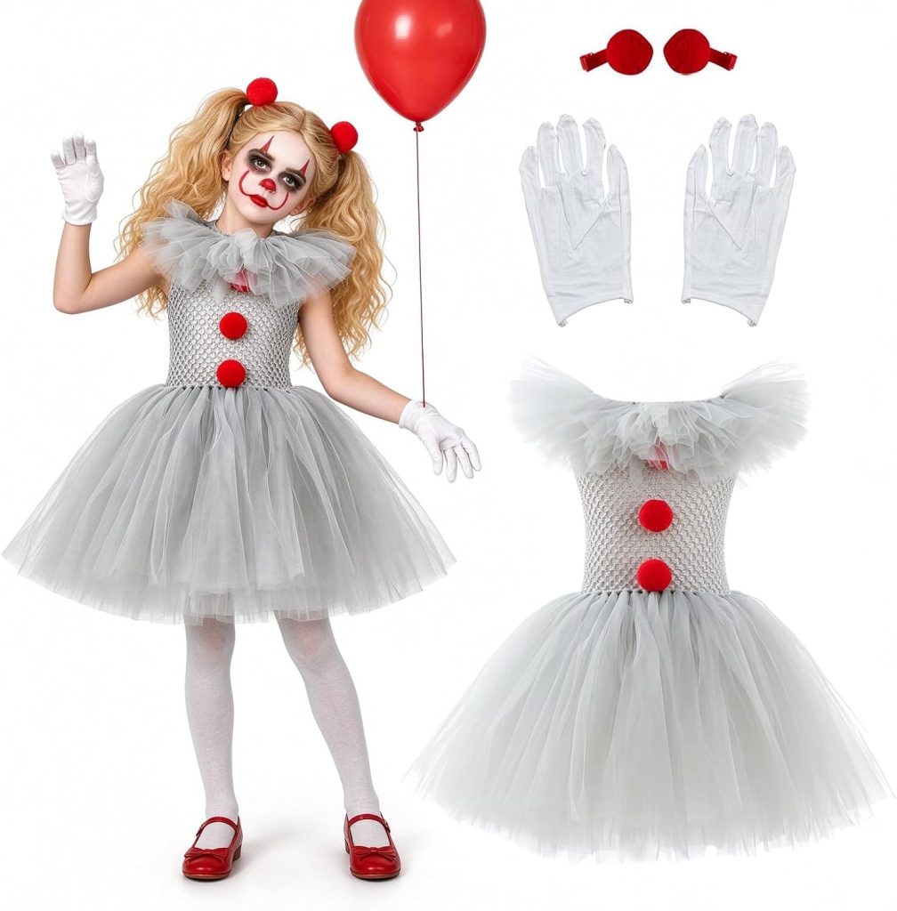 Disfraz Payaso Niña Halloween Vestido De Tul Disfraz Halloween Niña It con Clips Pelo Y Guante Disfraces de Bufón Malvado para Niñas Halloweens Dress Up, Juego de Roles, Cosplay para 2-10 Años