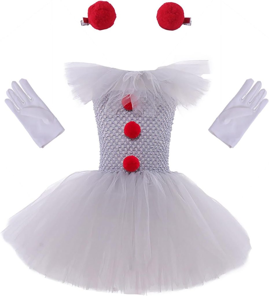 Disfraz Payaso Niña Halloween Vestido De Tul Disfraz Halloween Niña It con Clips Pelo Y Guante Disfraces de Bufón Malvado para Niñas Halloweens Dress Up, Juego de Roles, Cosplay para 2-10 Años