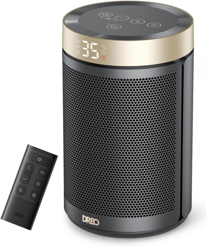 Dreo Calefactor Bajo Consumo Cerámico, con Termostato Portátil, Temporizador 12H, Modo Eco y Ventilador, 1500W PTC Rápido y Seguro para Oficina, Dormitorio y Casa