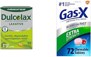 Dulcolax Overnight Relief Laxative for Gentle Constipation Relief, Bisacodyl 5 mg Tablets, 50 Count & Gas-X Extra Strength Chewable Gas Relief Tablets with Simethicone 125 mg for Bloating Relief