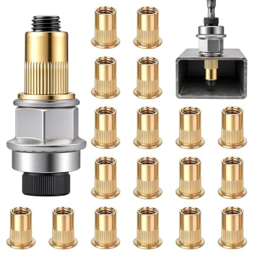 Eoppen 8Pcs 1/4-20 Rivet Nuts with Hand Rivet Nut Tool, Carbon Steel Flat Head Threaded Insert Nut Kit for Furniture, Automotive, Marine and Decoration
