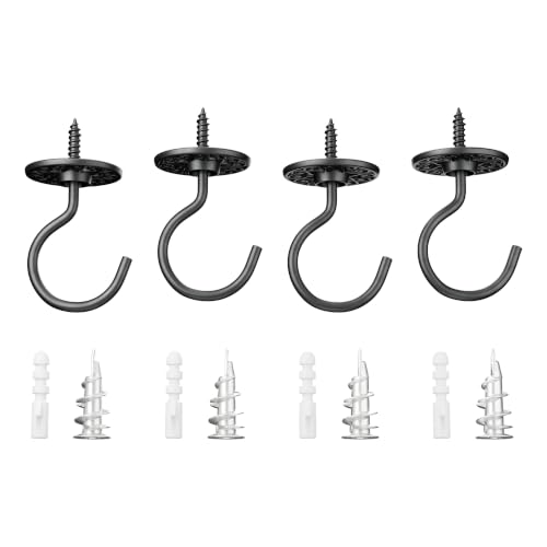 Evsteluo Ceiling Hooks, Hanging Plants, Anchors (4, Black Nickel) | Decorative Carved Base hides the Hole, for Wood, Concrete or Drywall Ceilings, Plastic + Metal Anchor Each, Holds up to 15 lb