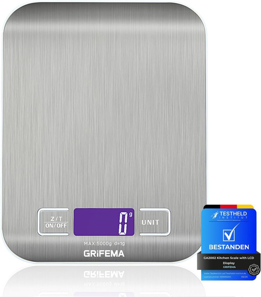 GRIFEMA - GA2002, Báscula de Cocina con Pantalla LCD, Acero Inoxidable, Balanza de Alimentos Multifuncional 5 kg/11 lbs, Color gris: Color de pantalla: Azul [Exclusivo en Amazon]