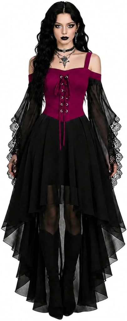 Genérico Disfraz Halloween Mujer Vestidos Medievales, Traje Medieval Tallas Grandes Gótico Vestido de Noche con Ribete Encaje Disfraces Cosplay Disfraz para Halloween Carnaval S-3XL