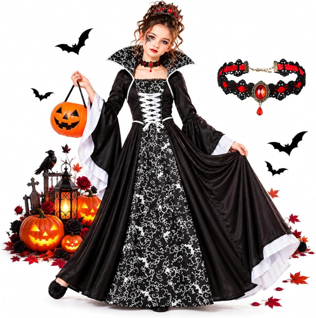 Genérico Disfraz de Reina Vampiresa Gótica para Niña, Vestido Cosplay Vampiro con Collar, Traje de Vampiresa para Halloween, Carnaval y Fiestas