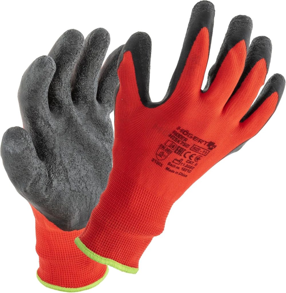 Högert Technik RODER latexbeschichtete Schutzhandschuhe rot/schwarz Größe 8, hohe Abriebfestigkeit, flexibler Grip, ideal für präzise Montage- und Wartungsarbeiten