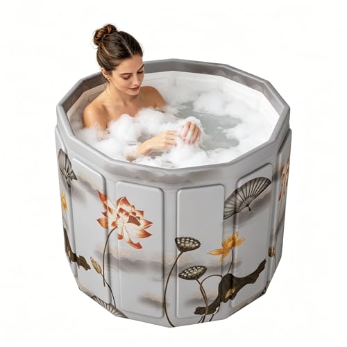 HAIKE Portable Bathtub Adult 68 Gal, Non-Inflatable Foldable Bathtub for Adults, Portable Tub for Home Gyms Outdoor, 6-Layer Collapsible Bath Tub Dual Hole, with Cushion and Bag (Lotus 27.5x26.4”)