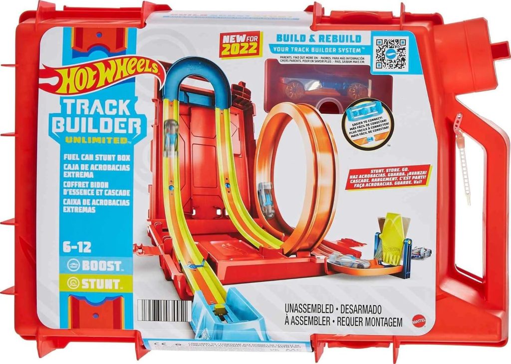 Hot Wheels Unlimited Fuel Can Stunt Box Playset y Coche | Set de pistas portátil en estuche con forma de bidón, 14 piezas y vehículo 1:64, HDX78