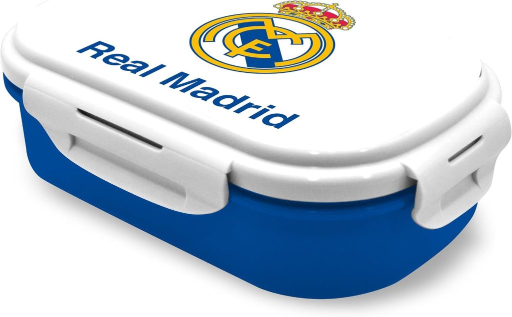 Kids Licensing - Fiambrera Sandwichera con Dos Compartimentos y Cubierto inluido - Ideal Picnic, Cole y Excursiones - Modelo Real Madrid