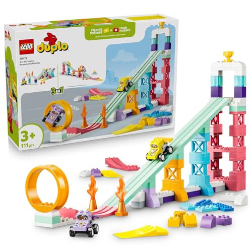 LEGO DUPLO 3-in-1 creatieve hellingen met voertuigen 10478 | Educatief speelgoed voor meisjes en jongens vanaf 3 jaar, bouwpakket met 2 raceauto’s, cadeau voor peuters, 111 onderdelen