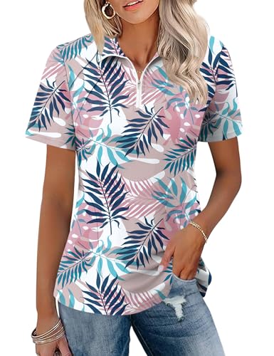 LOMON Womens Polo Shirt Summer Golf 1/4 Zip Tops,Tropical Leaves,XXL | Side-Pockets,Princess Seams,Wrinkle Free,Moisture Wicking,Quick-Dry,Lightweight,Collared,for Tennis Workout