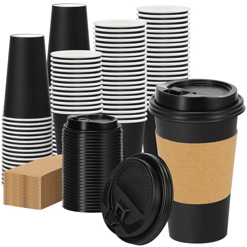 Lamosi 100 Pack 16 oz Disposable Coffee Cups With Lids and Sleeves