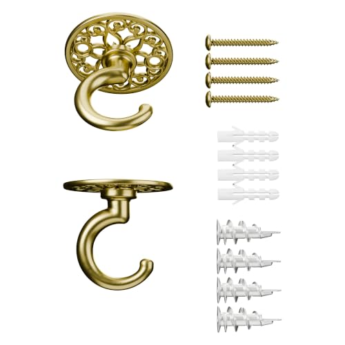 Lizntiate Heavy Duty Ceiling Hook for Plants 50 LB (2, Gold) | Zinc alloy with iron core; carved decorative shape; hardware for solid, drywall and hollow walls; rust-resistant finish