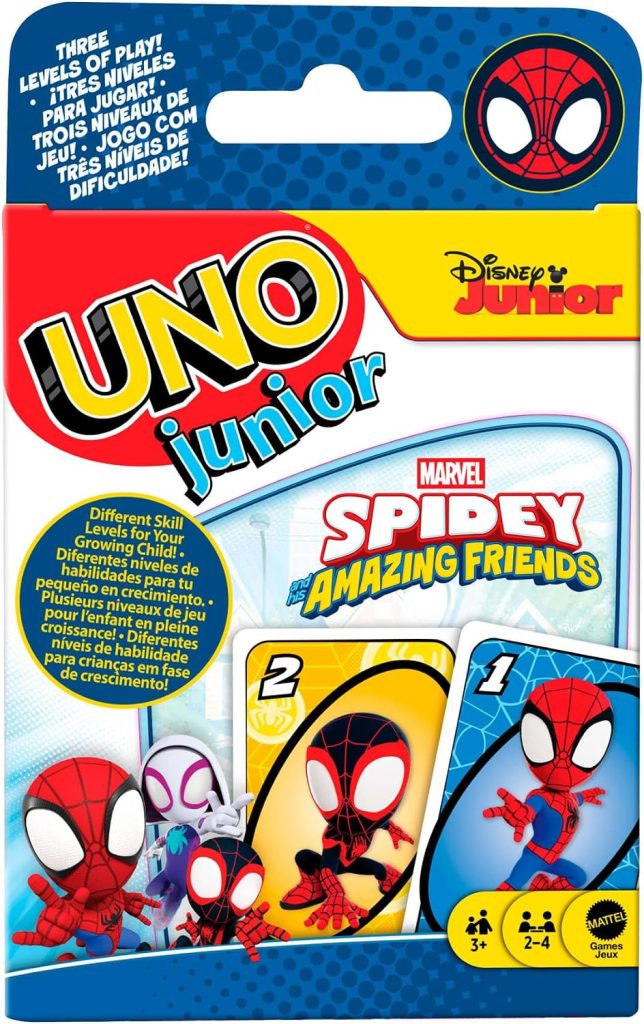 Mattel Games UNO Junior Marvel Spidey y Sus increíbles Amigos | Juego de cartas educativo preescolar con mazo temático y 3 niveles de juego, 2-4 jugadores, JND89