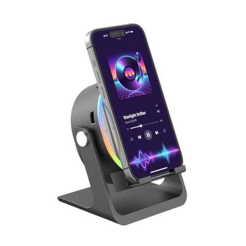 MeKW Induction Speaker with Phone Stand 6 in 1 Wireless Bluetooth Audio | Phone Speaker Amplifier for iPhone & Android with RGB Light and USB Wired Charging,360° Adjustable Holder，Gifts for Men Women