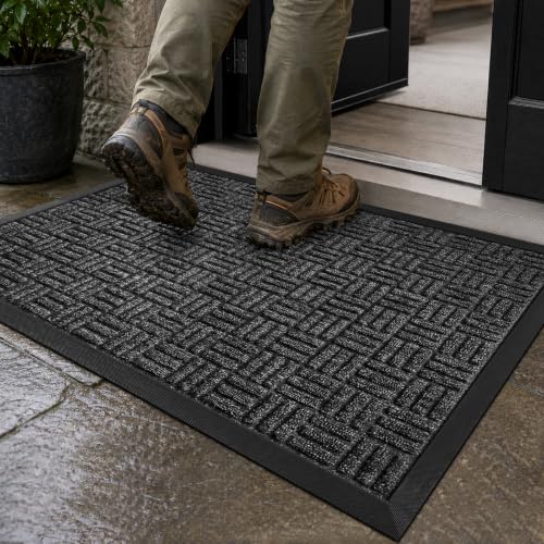 Mibao Front Door Mat Outdoor Entrance, 29.5" x 17" Heavy Duty Welcome Mat for Outdoor and Indoor, Waterproof Dirt Trapper Doormat, Super Absorbent Indoor Entryway Mat for Patio & Porch - Gray
