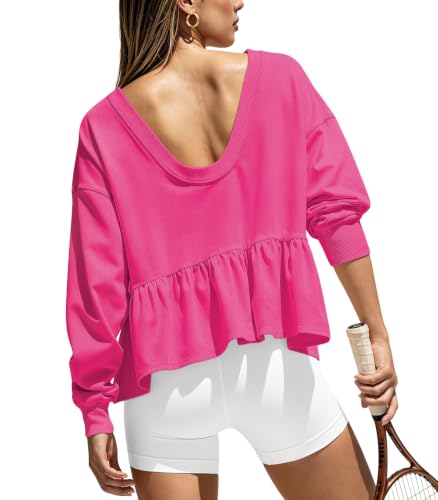 NEJXQ Open Back Workout Tops for Women Long Sleeve Sweatshirts Hot Pink | boat neck peplum batwing tops for women, casual hiking yoga gym athletic tunic blouse, long sleeve babydoll tops, loose flowy