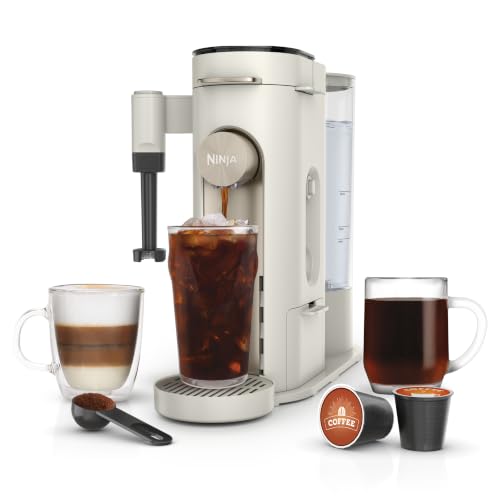 Ninja Pod and Grounds Coffee Maker, Amazon Exclusive Bone & Champagne | Brews, Compact Design, Built-in Milk Frother, 56 Ounces Reservoir, 6 Ounces Cup to 24 Ounces Mug Sizes, PB051WH1