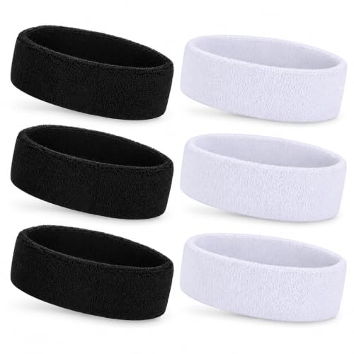 ONUPGO 6 Pack Sports Headbands, 3 Black 3 White Cotton Terry Sweatbands Set