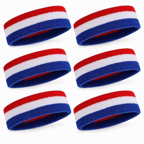 ONUPGO 6 Pack Sports Headbands, Red White Blue Terry Cloth Sweatbands Set | 6 Cotton Terry Cloth Striped Headbands in Red, White and Blue, Soft and Flexible for Workouts, Sports and Daily Active Use