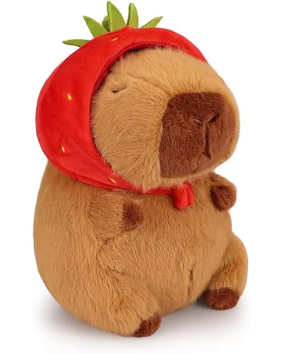 OZIF Cute Capybara Plush Kawaii 10 Inch Capybara Stuffed Aniamls Toys with Turtle Backpack, Bread and Strawbery Toys Gifts for Baby Boys Girls (Strawberry)