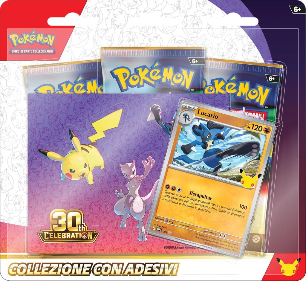 Pokémon: collezione con adesivi (Lucario) dell’espansione 30° Anniversario del GCC Pokémon (1 carta promozionale olografica e 3 buste di espansione), Edizione in Italiano