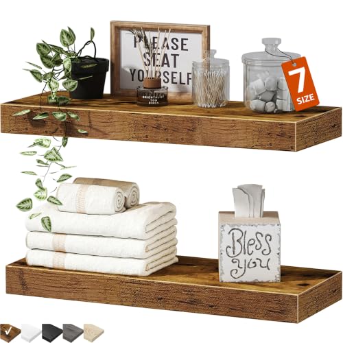 QEEIG Bathroom Floating Shelves for Wall (Brown, Set of 2, 15.7") | 16 inch Small Shelf Over Toilet for Farmhouse Home Decor, Rustic Plant Display, Towels Organizer (008-40BN)
