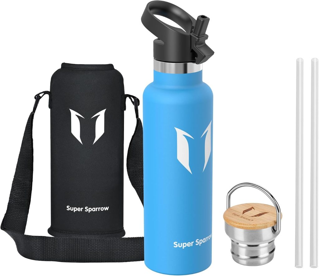 Sparrow Botella Agua Acero Inoxidable 620ml - Botella Termica con Pajita | Sin BPA & Fugas, Lavavajillas, Deporte, Gimnasio, TwistTrail Cantimplora Termica Tapa Pajita, Tapa Asa & Funda